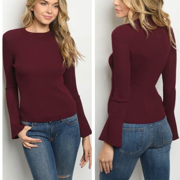 Tops - Wine Color Flare Sleeve Ribbed Knit Top